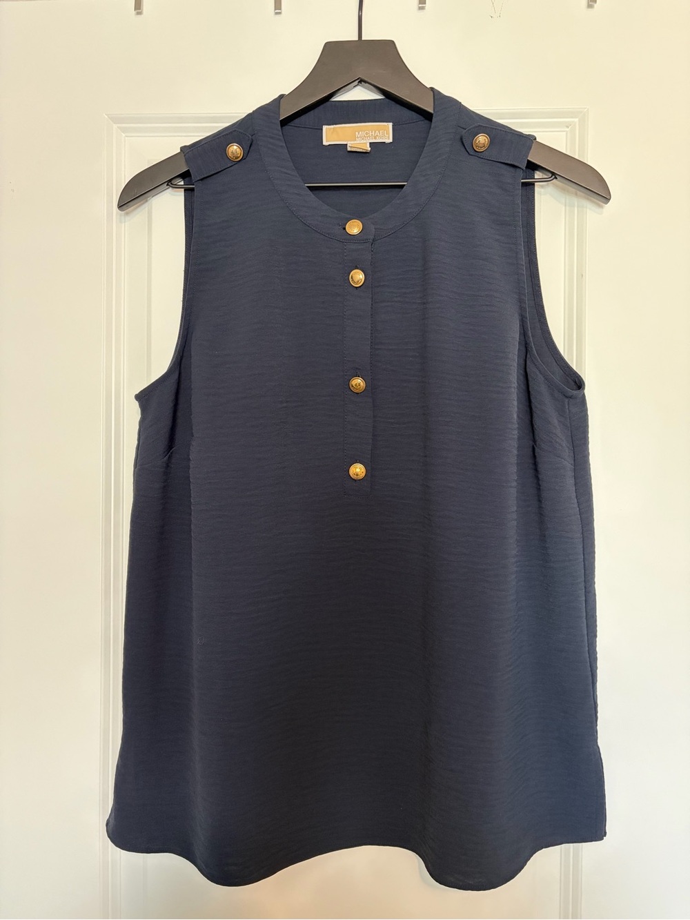 Michael Kors Navy Sleeveless Henley Shell with Gold Buttons